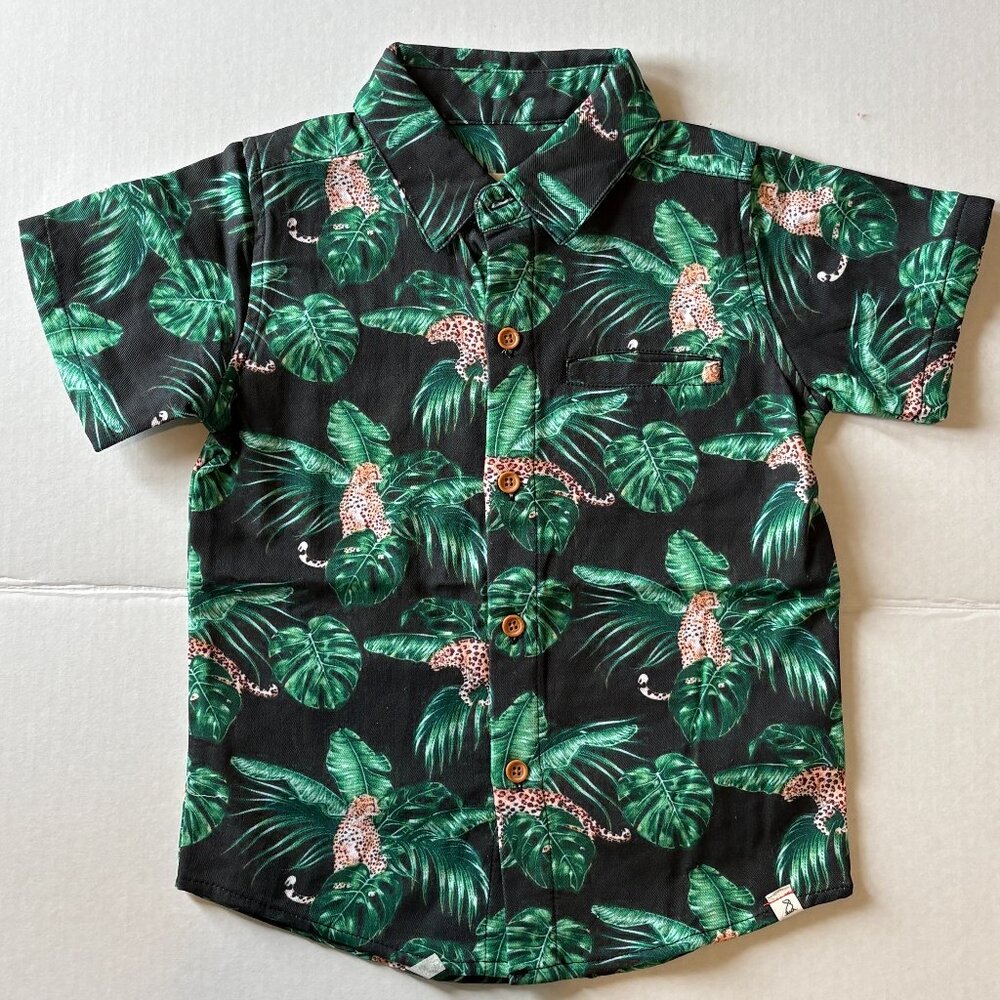 Me & Henry London Boys 4-5Y Jungle Leopard Button Up Shirt Tropical Short Sleeve
